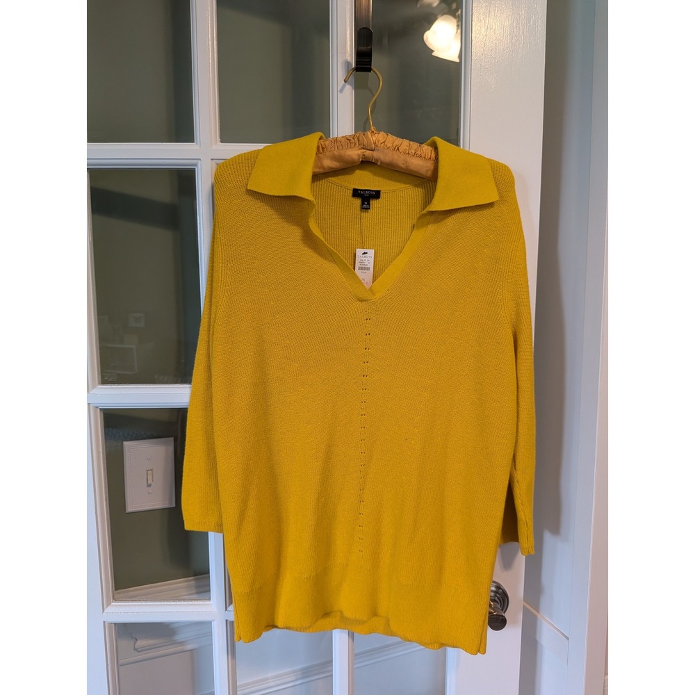 Talbots Plus Womens 1X Mustard Yellow V-Neck Polo Collar Sweater 3/4 Sleeve NEW